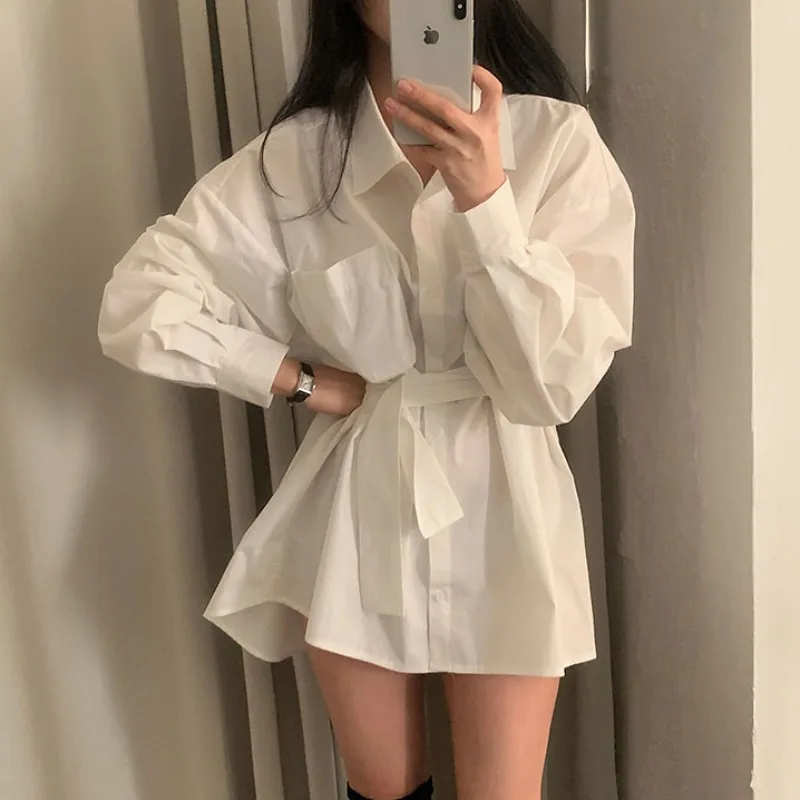 

Chic Spring Simple Pure Color Lazy Sle Loose Slimming Versatile Waist Belted Midi irt ort Skirt Commute Collar But...