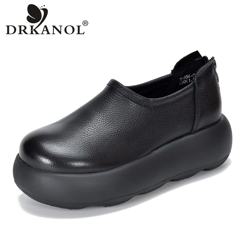 DRKANOL 2026 Handmade Retro Women Genuine Leather Shoes Back Zipper Wedges Heel Chunky Platform Round Toe Casual Single Shoes