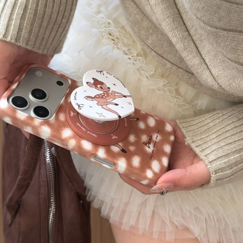 حافظة هاتف كورية لطيفة بامبي مناسبة لهاتف آيفون 17 17pro 17promax 13 14 15 16 Pro Max غطاء خلفي للهاتف بحامل مغناطيسي