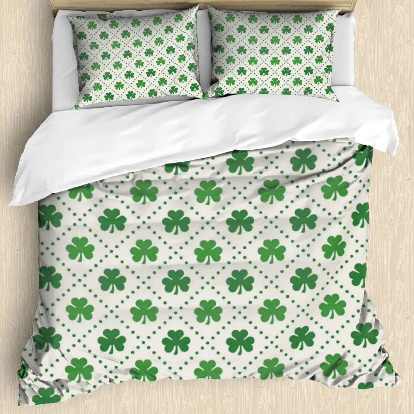 St. Patrick's Day Duvet Cover Sets, Lucky Shamrocks Pattern Irish Clover Prints Bedding Set with 1 Duvet Covers 2 Pillowcases