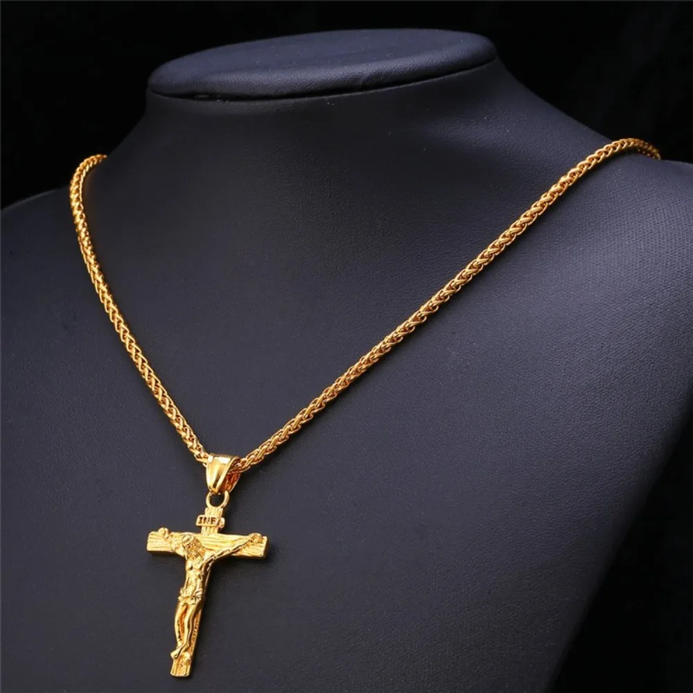 Men's European and American Personalized Religious Jesus Cross Necklace Fashionable Golden Cross Pendant Necklace Jewelry Gift