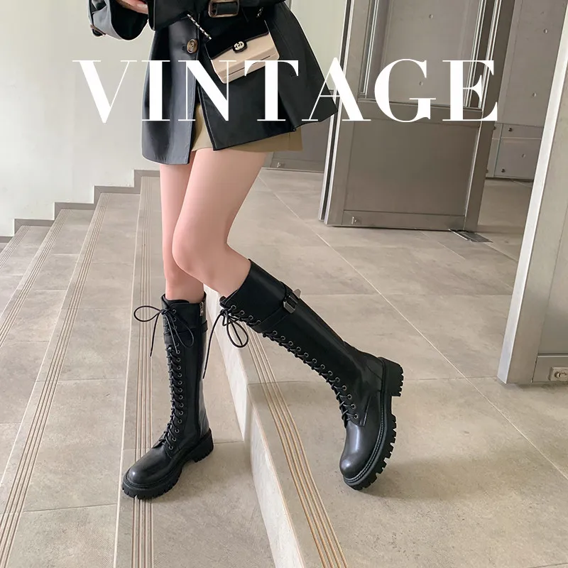 MKKHOU Fashion Knee-High Women Boots New High-Quality Leather Lace-up Platform Boots Street All-Match Martin Knight Boots