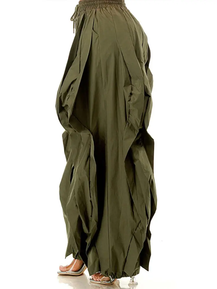 فضفاض Ruched كشكش فانوس السراويل النساء مرونة الخصر الرباط الصلبة السراويل الإناث سيدة جديدة الدانتيل يصل بانت الشارع 2025 الخريف