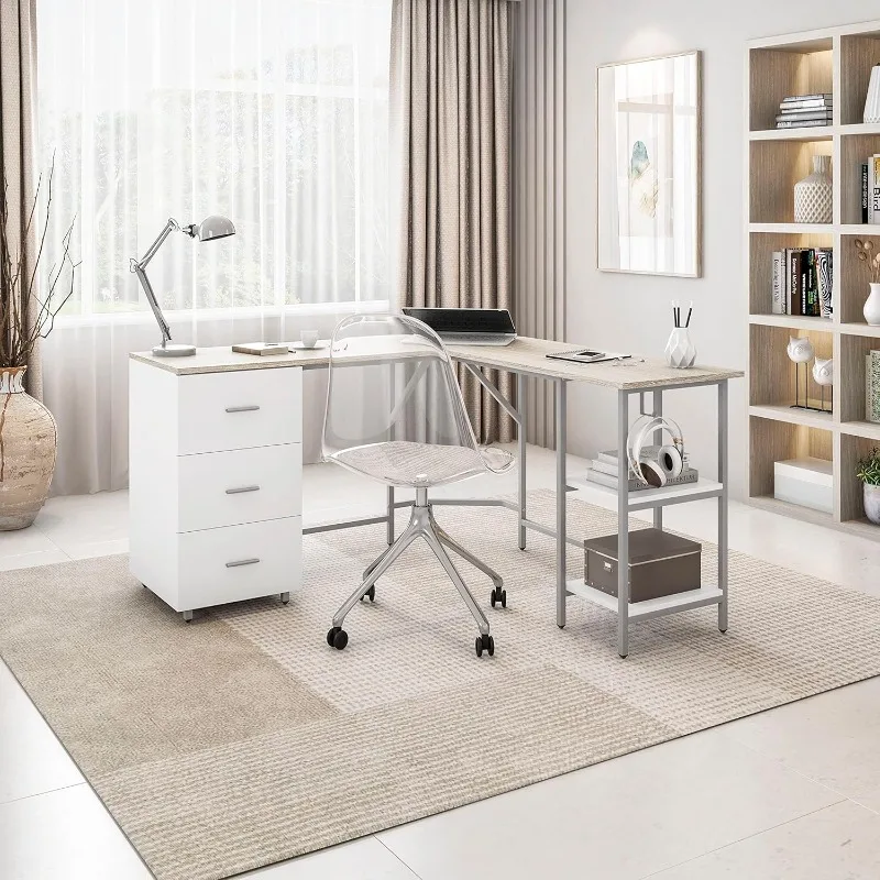 Shaped Desk - Two-Toned Computer Desk with Drawers & Storage Shelves - Simple Modern Furniture & Home Office Space Corner T