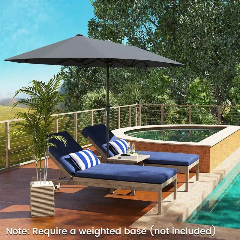 13 Ft Outdoor Patio Market Umbrella, Double Top Design With 12 Metal Ribs, Crank Open Mechanism, Sun Shade For Terrace Poolside And Commercial Dining, Gray