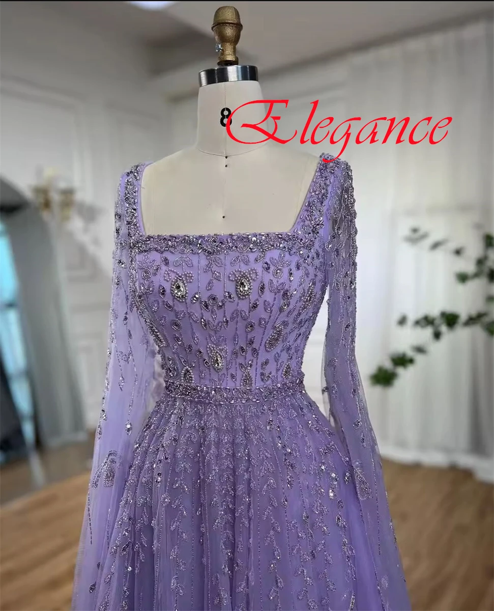 Customized Delicate Light Purple Organza Evening Dress  Graceful Square Collar Long Sleeves Zipper Back Crystal Homecoming Dress
