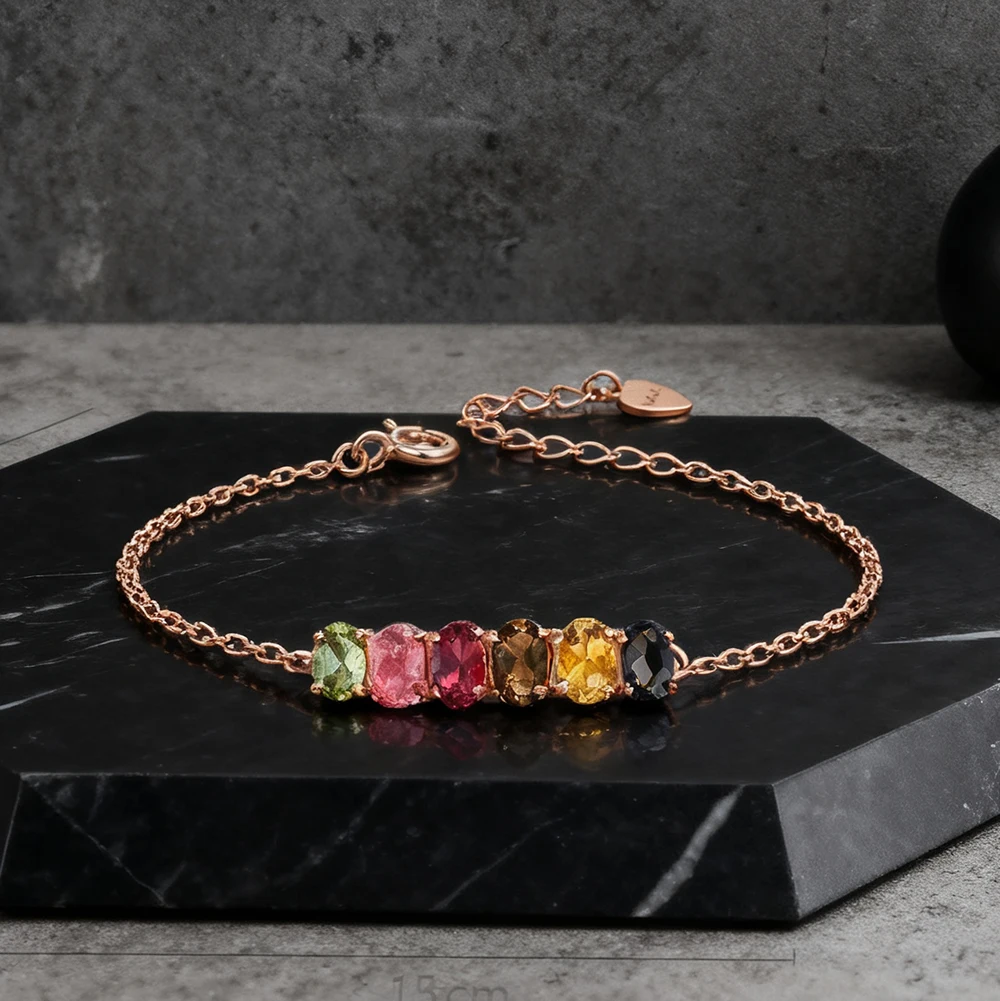 

LAMOON Natural Multicolor Oval Tourmaline Gemstone Bracelet For Women Elegant 925 Sterling Silver Rose Gold Color Fine Jewelry