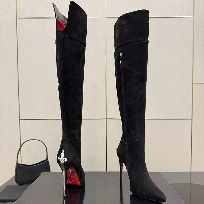 Über Das Knie Stiefel Frauen Metall Schwert Spitz Super High Heels Lange Stiefel Herbst Winter Sexy Dünne Fersen Moderne Botas 2026