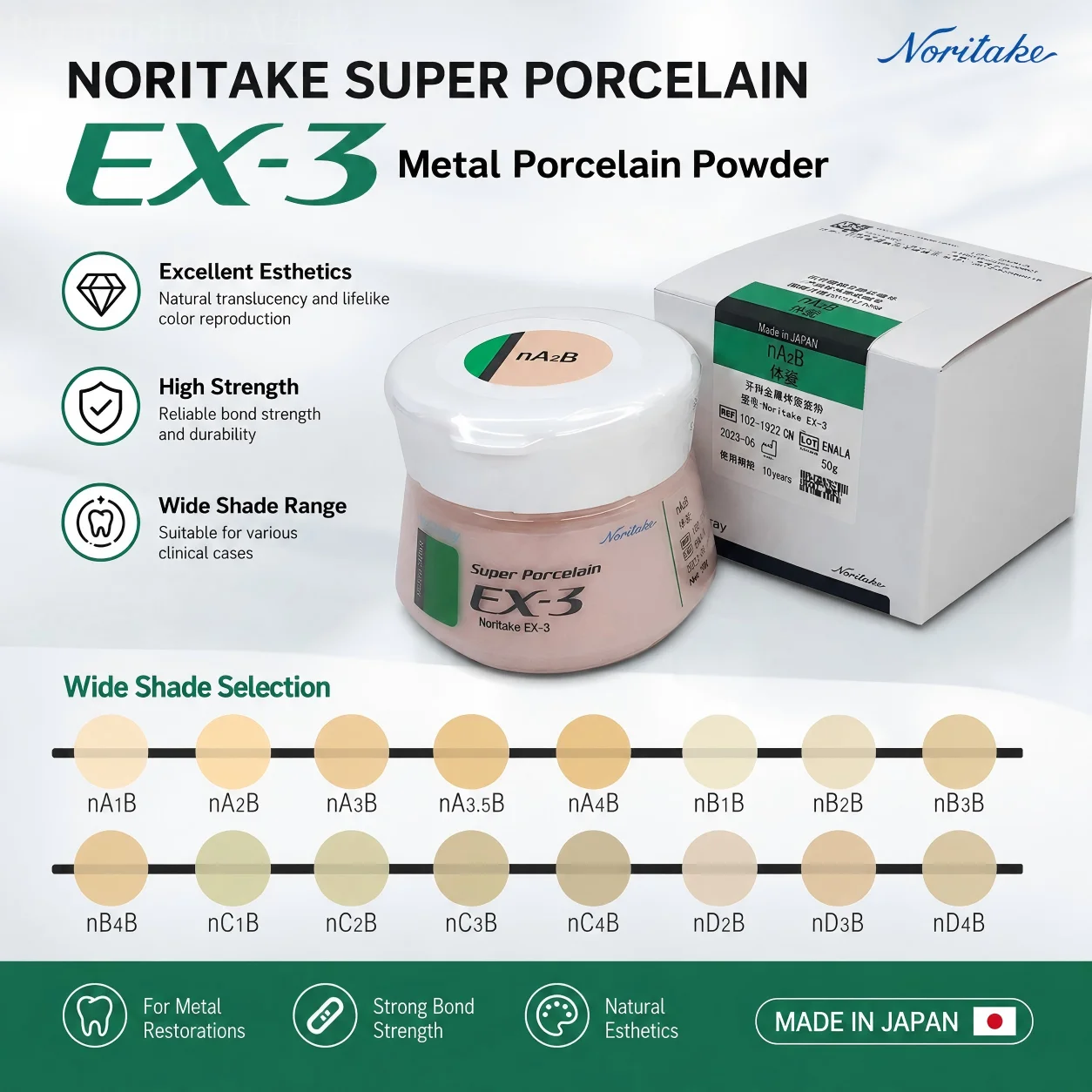 Noritake EX-3 Body Powder 50g, High-Fusing PFM Layering Ceramic for Natural Aesthetic Crown and Bridge