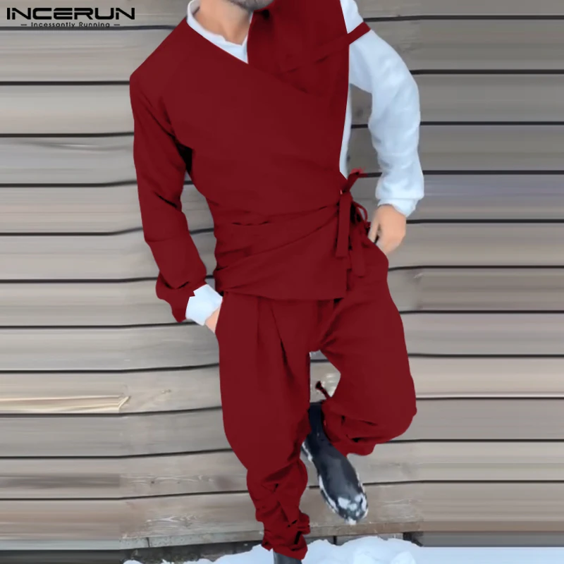 INCERUN Men Sets Solid Color Lace Up V Neck Irregular Blazer & Pants Two Pieces Sets Streetwear 2025 Fashion Casual Men's Suits