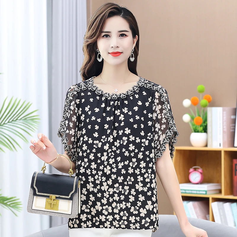 Plus Size 7XL Summer Fashionable Printing O-neck Short Sleeve Blouse Ladies Temperament Pullover Shirts Women Clothing Tops