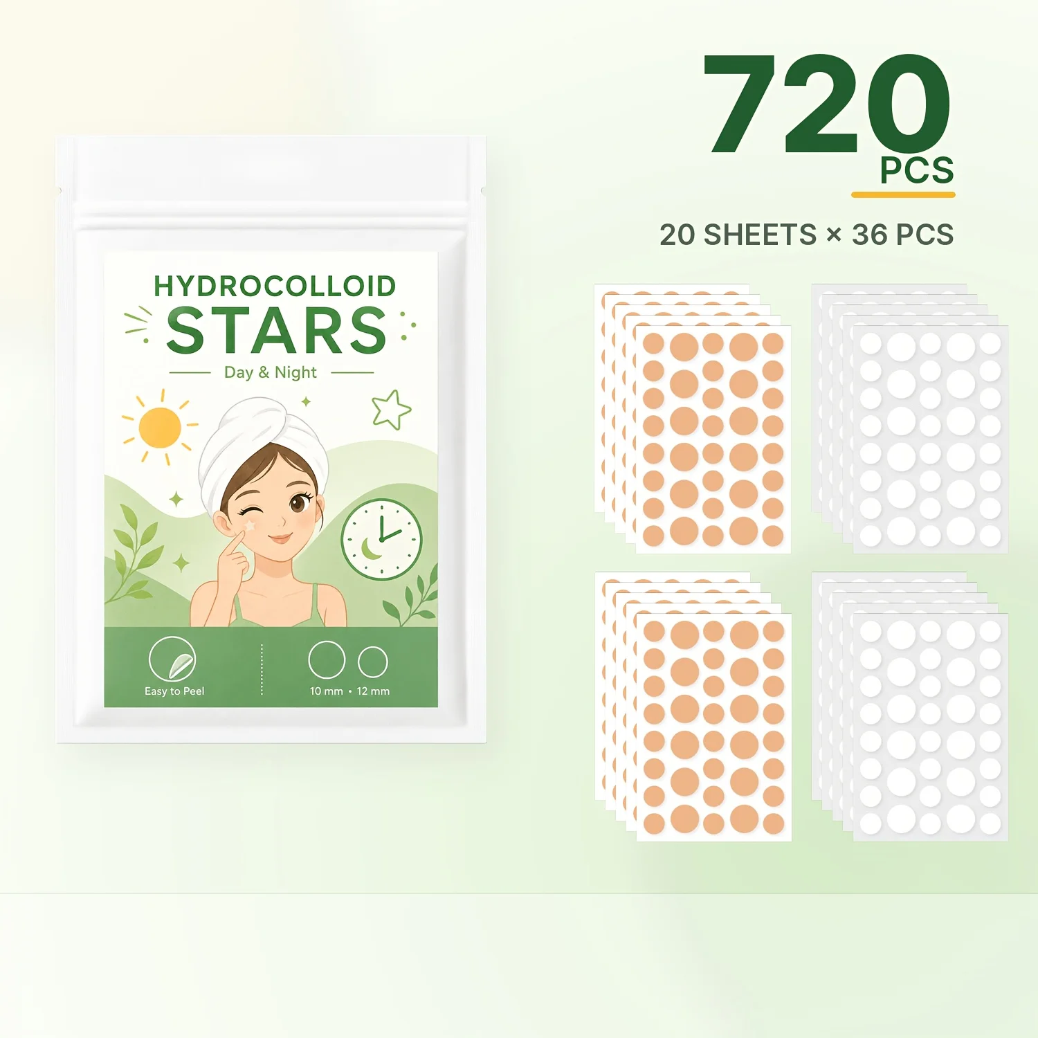 720PCS Hydrocolloid Pimple Patches, Round Face Stickers, Beige Tone Facial Patches, Decorative Makeup Stickers for Daily Use