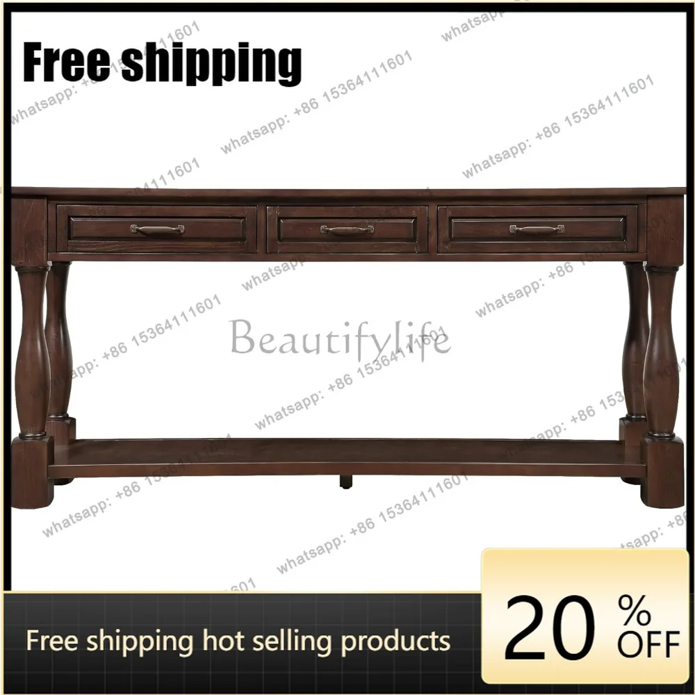 jj5 Long Antique Entry Console Table with 3 Drawers & Bottom Open Shelf, Solid Wood Sofa Table for Entryway Hallway