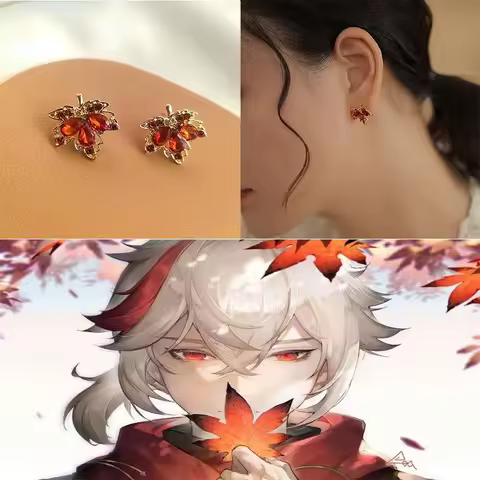 Anime Genshin Impact Trend Earrings Kaedehara Kazuha Zircon Maple Leaves Earpin Cosplay Party Accessories