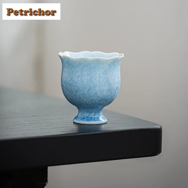

50ml Blue Ice Flower Glaze Flower Mouth High Foot Teacup Zen Tea Bowl Cute Cup Tea-tasting Smelling Cup Chazhan Master Cups Cafe