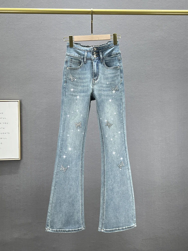 

Женские джинсы Slim Fit удлиненной длины с высокой талией, эластичные, с блестящими стразами, микро-клеш, модный тренд весеннего сезона