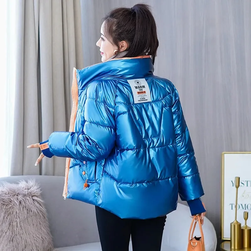 Parka rembourrée en coton brillant pour femme, veste femme, col montant court, mince, vêtements d'extérieur chauds pour femme, nouveau, hiver, 2024
