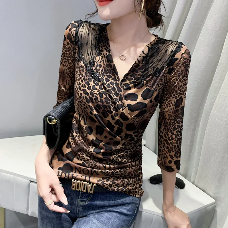 #8022 Sexy Leopard T Shirt Women V Neck Wrap T Shirt Femme Half Sleeves Vintage Tee Shirt Femme Thin Sexy Spliced Gauze S-3XL