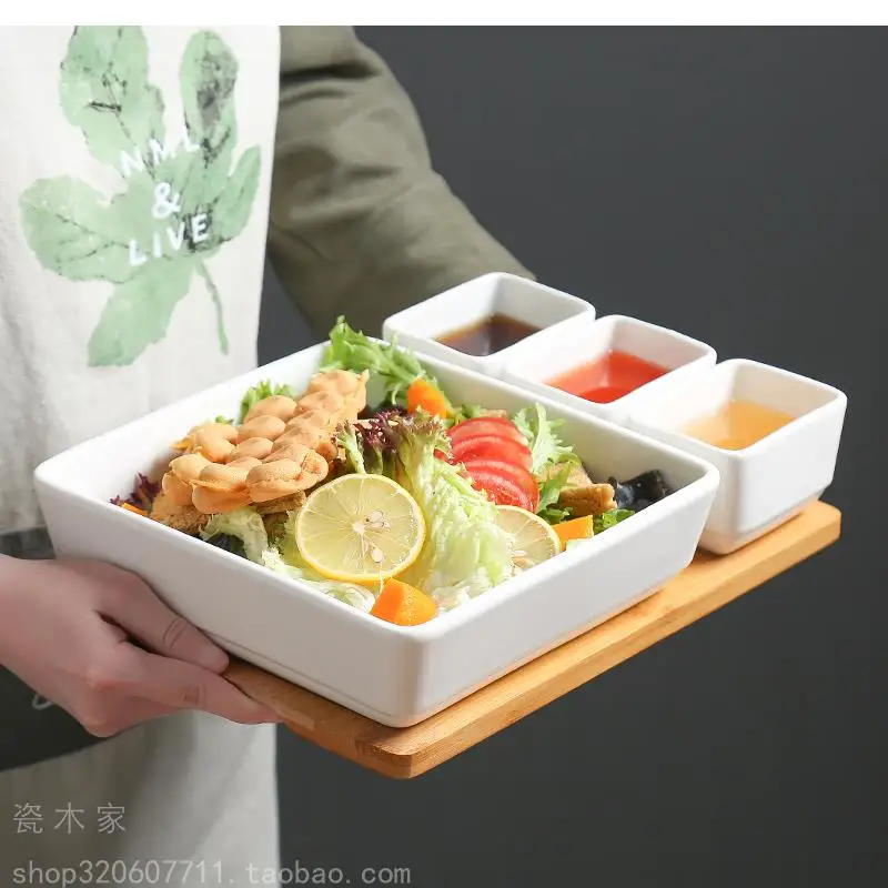 Japanese Tableware Ceramic Plate Split Breakfast Tray Cheese Baked Rice Snack Household Bakeware with Bamboo Mat