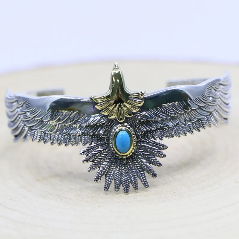 Punk influencer personality trendsetter male opening pure silver eagle open blue turquoise bracelet Japanese handmade Thai silve