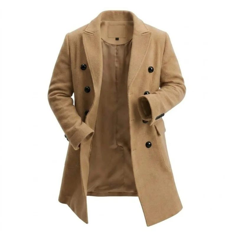KIDWHXR Men Overcoat Autumn Winter Simple Solid Double-breasted Man Wool Blends Jacket Windproof Long Sleeve Male Casual Coat
