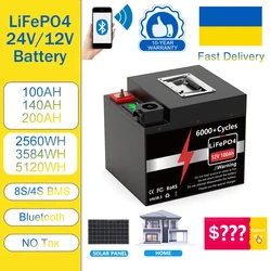 Batería de litio LiFePO4, 24V, 12V, 100Ah, 140Ah, 7,6kwh, Bluetooth 6000 + ciclos, celdas 200Ah, 300Ah, BMS, LiFePO4, 12,8 V, UKR, sin impuestos