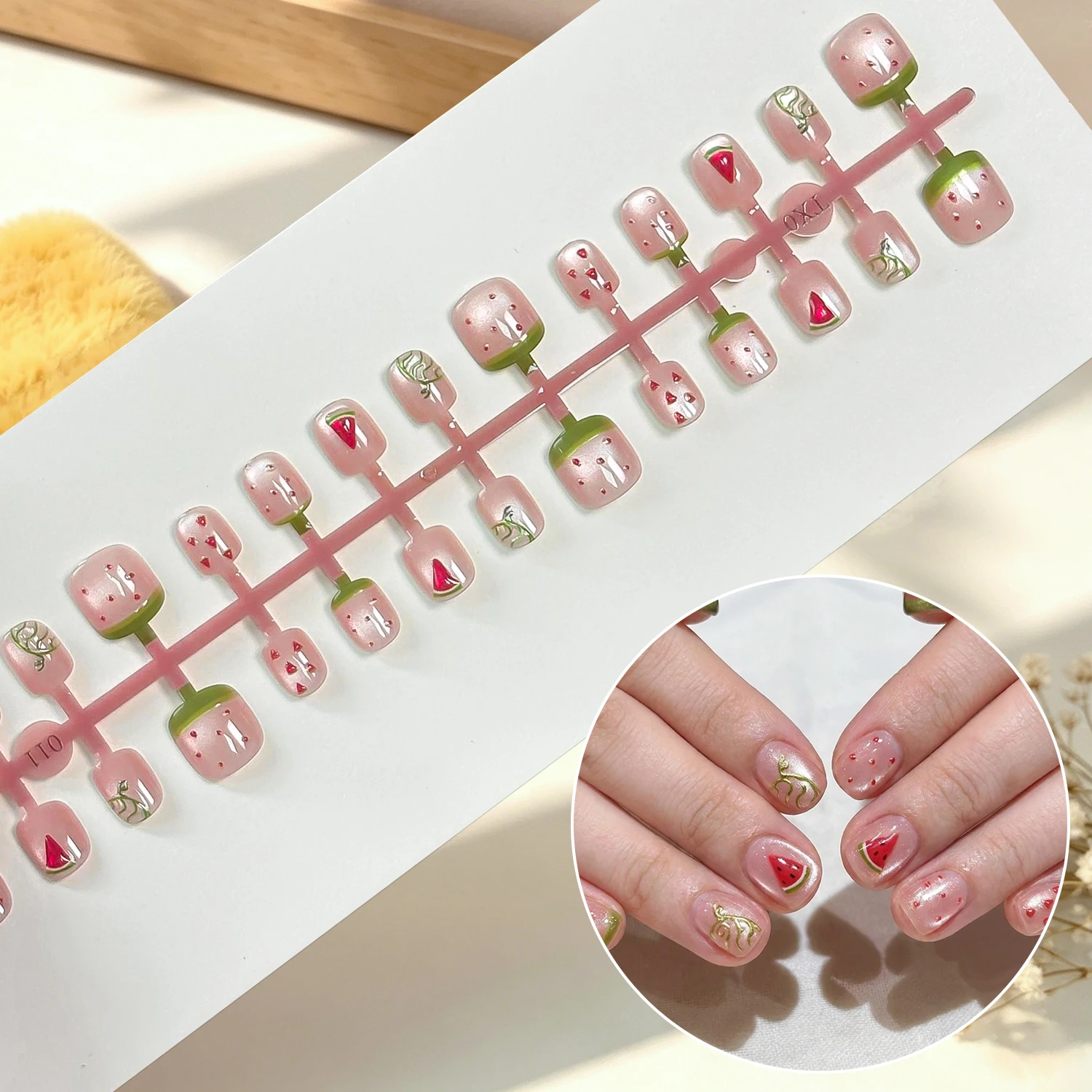 30 Stück niedliche kurze, runde Cat-Eye-Press-On-Nägel für Kinder, Kawaii-Kirsche, Zitrone, Erdbeere, künstliche Nägel, vollständige Abdeckung, künstliche Nägel für Kinder, D3^ – Detail 3