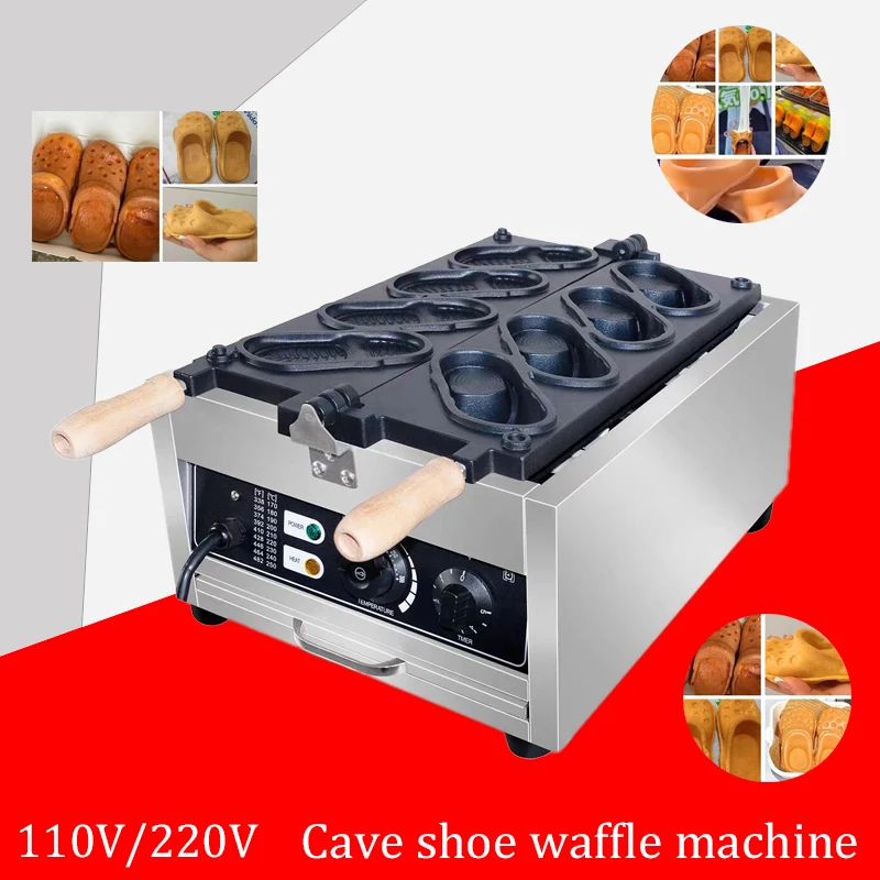 4구 새 디자인 상업용 전기 논스틱 스테인리스 스틸 구멍 신발 와플 메이커 기계 슬리퍼 모양 스낵 장비