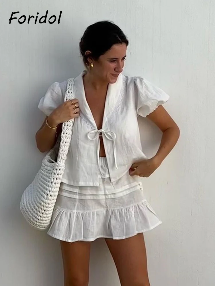 Foridol-Saia de linho de algodão branco e babados para mulheres, conjunto de correspondência, decoração de renda, terno feminino casual, praia, 2 peças, 2024