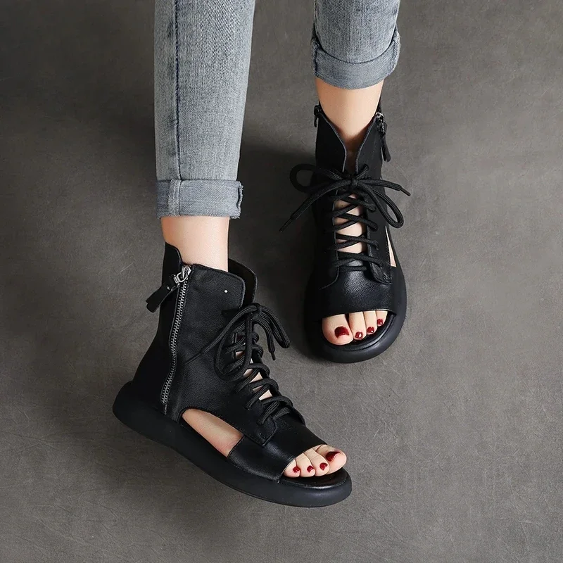 Summer Open Toe Gladiator Sandals For Women Genuine Leather Street Style Flat Lace-Up Zipper High Top Cool Boots