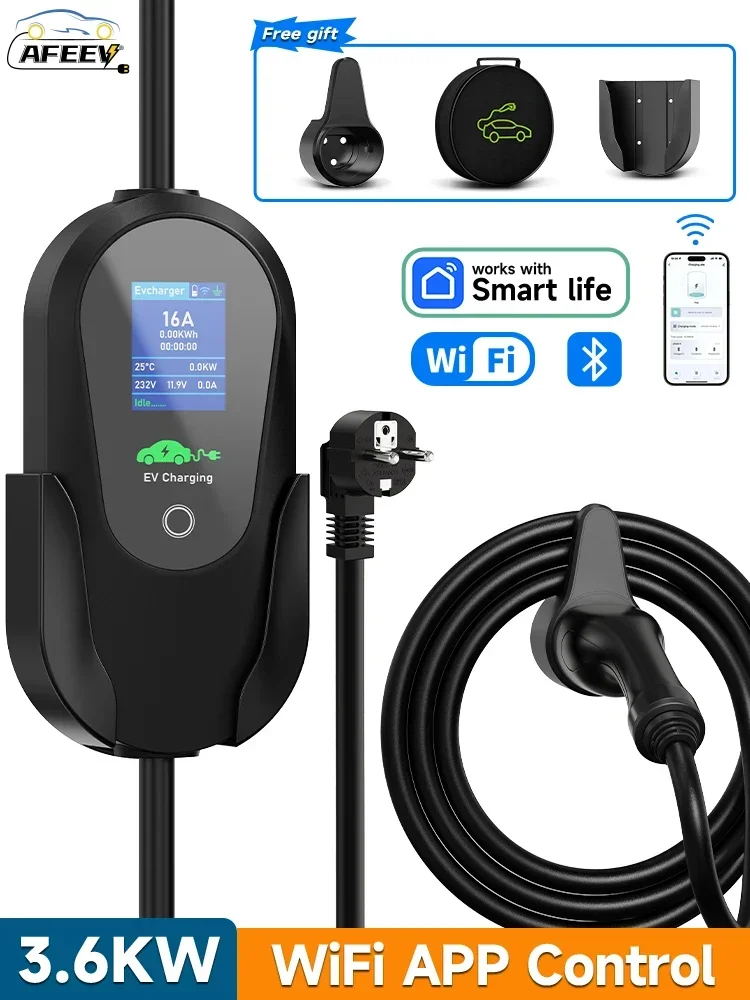 Chargeur portable AFEEV Type 2 3,6 kW 16 A monophasé, borne de recharge pour véhicule électrique, câble de recharge rapide EVSE, prise EU, contrôle WiFi, application Bluetooth