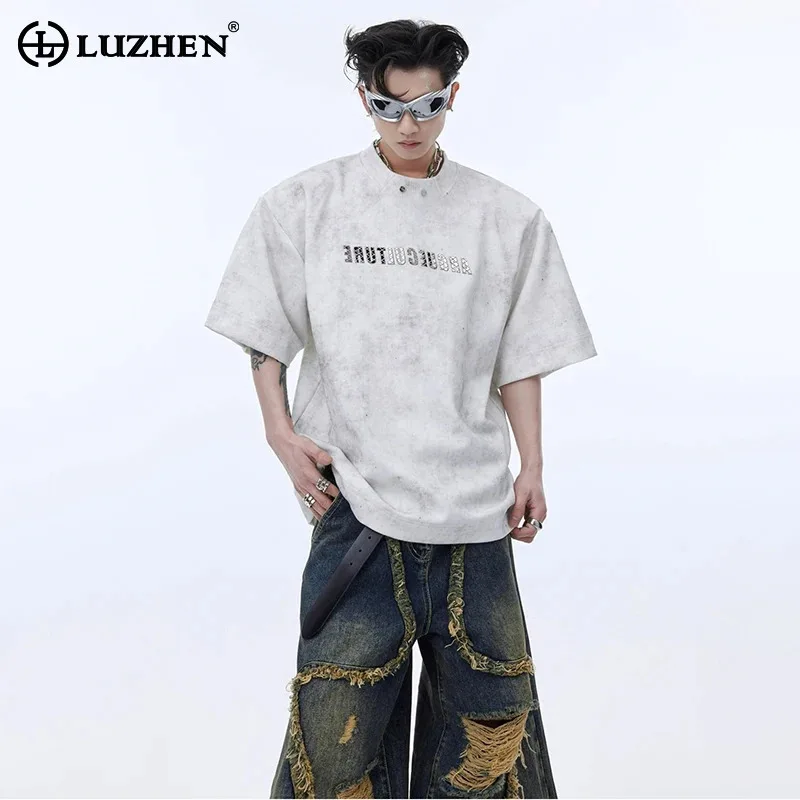 

LUZHEN Sequin 2025 Light Summer Reflect New Letter Original Patchwork Design Short Sleeve T-shirts Men Stylish Streetwear JY2492