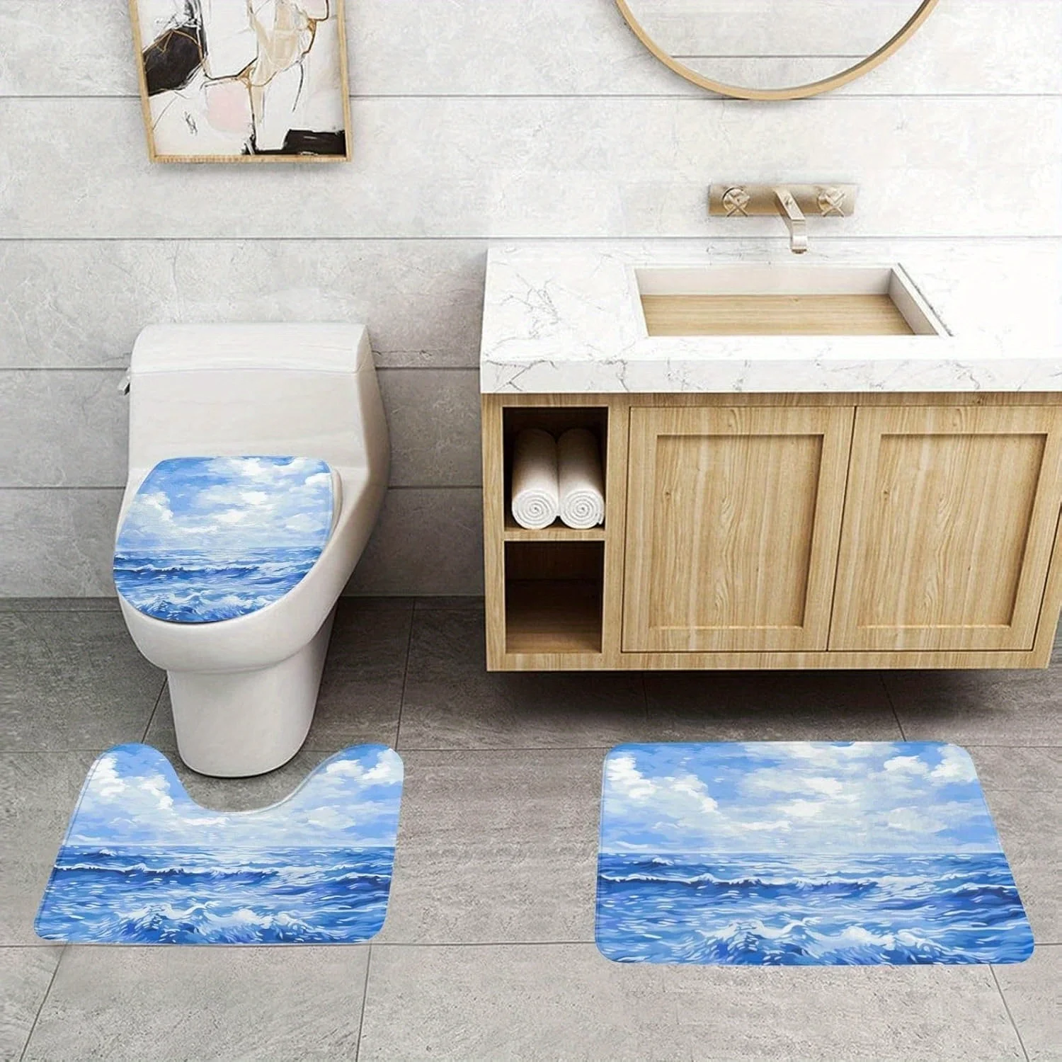 مجموعة سجادة أرضية الحمام RV مكونة من 3 قطع، مجموعة سجادة الحمام ذات اللوحة الزيتية للمحيط الأزرق، غطاء مرحاض على شكل حرف U مضاد للانزلاق، باب أرضي Ma #3