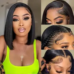 Bob Wig Human Hair 13X4 Lace Front 180% Density Short Straight Frontal Bob Wig Transparent Lace  Pre Plucked With Baby Hair