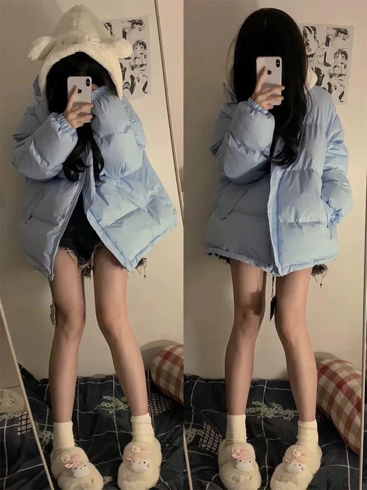 Cute Kit  Plu Hooded Jaet Women's Autumn Winter Thiened Bread Sle Cotton Coat Loose Fit College Sle Zipper Clo...