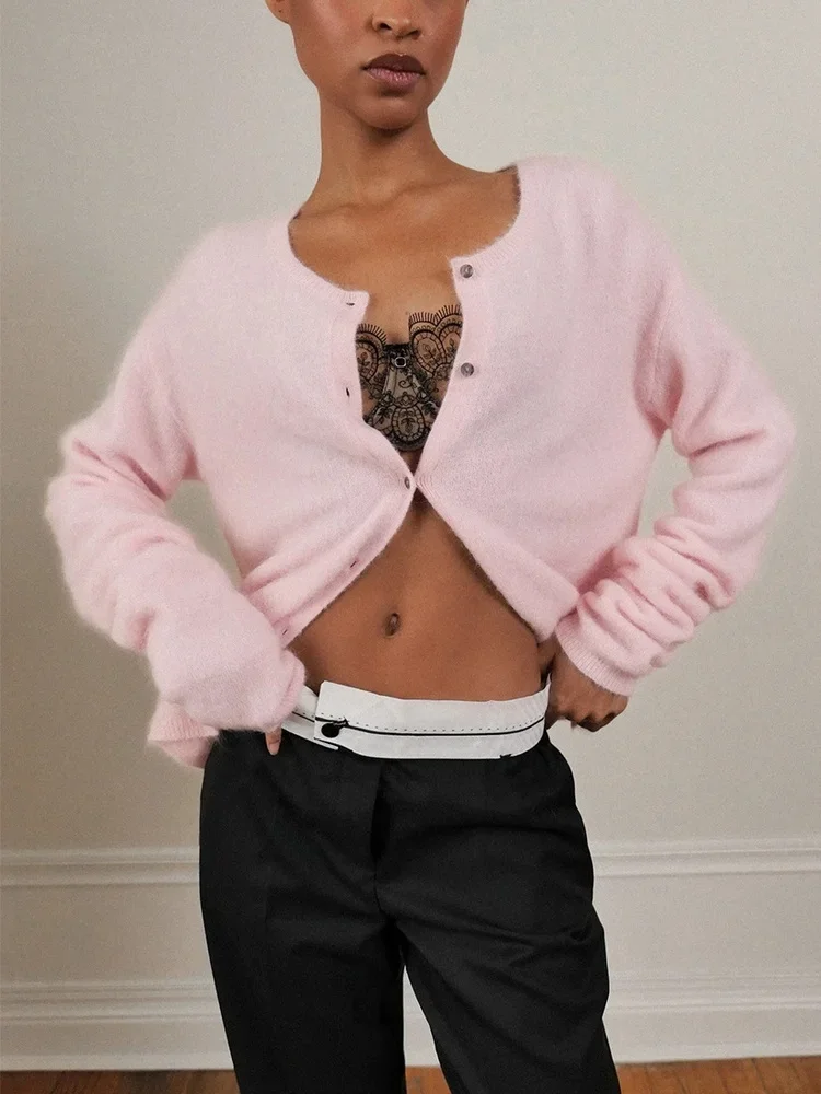 Women's Fuzzy Knit Cardigan Round Neck Button Front Long Sleeve Soft Wool Blend Casual Daily Streetwear Going Out Cardigan 2026