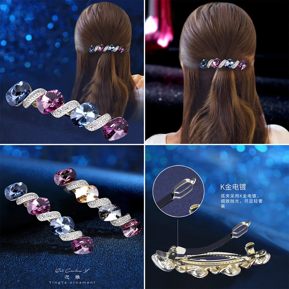 Premium Large Metal Spring Hair Barrette For Women Shiny K9 Crystal Rhinestone Hair Clip For Ponytail Updo Back Head Daily Wear
