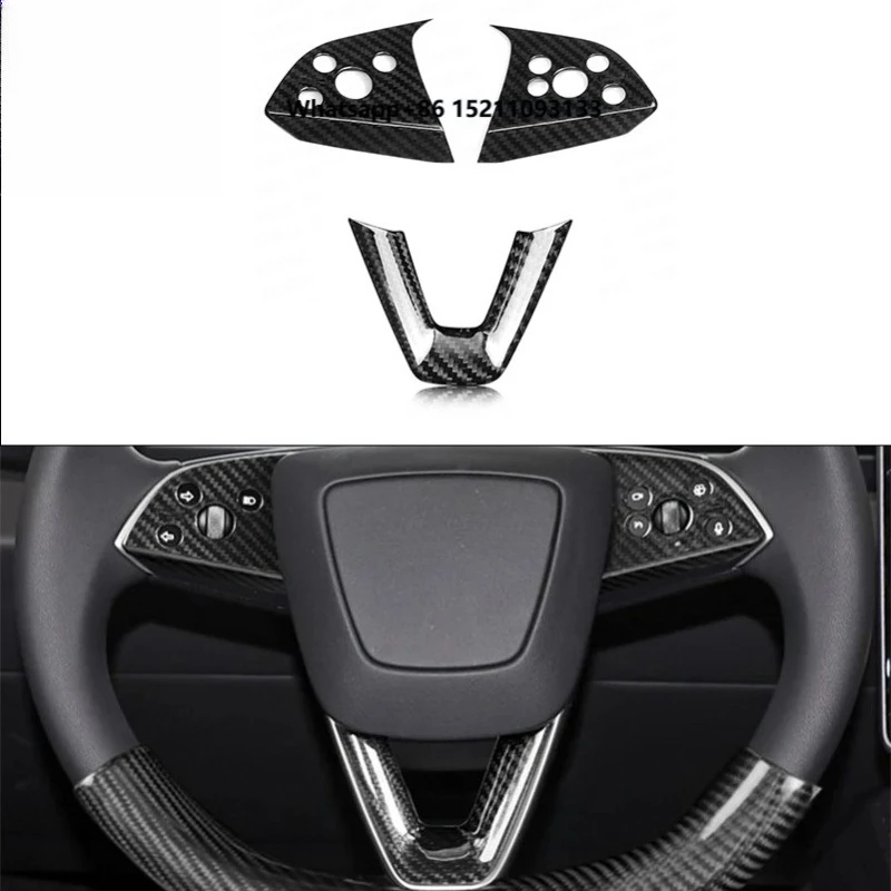 For Model 3 Highland 2023+ Interior Steering Wheel  Decor Cover Three-piece Set Real Dry Carbon Fiber Car Accessories Trim