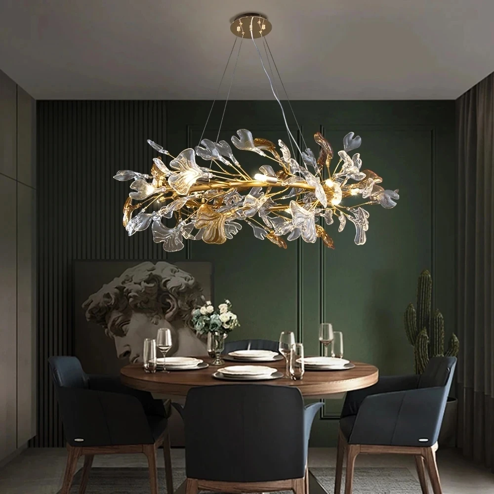 Nordic suspended crystal chandelier bedroom living room dining room round glass ginkgo leaf luxury art crystal chandelier