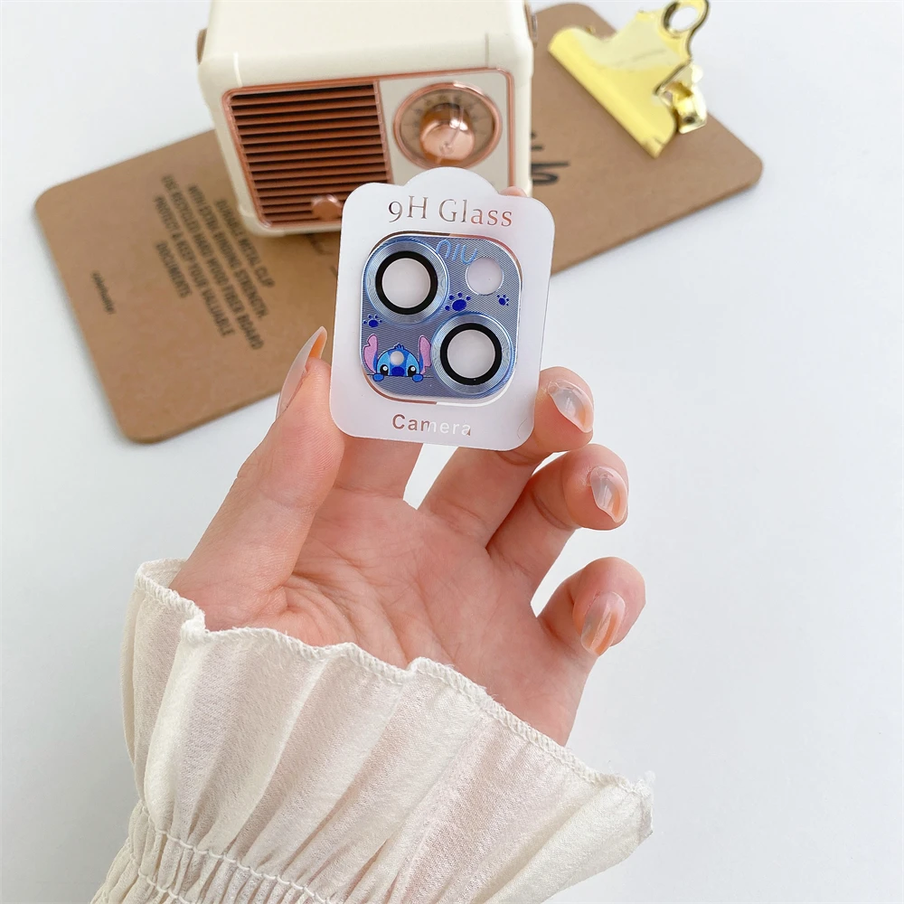 3D Metal Camera Lens Glass Protector per iPhone 11 12 13 Mini 14 Plus 15 Pro Max Kitty Kuromi Cinnamoroll Mickey Stitch Duffy