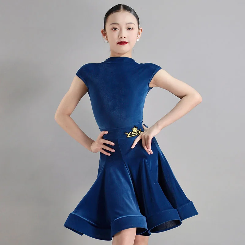 Retro Blue Color Velvet Latin Dance Clothes Girls Competition Dress Short Sleeves Kids Cha Cha Ballroom Dance Dress  DNV20422