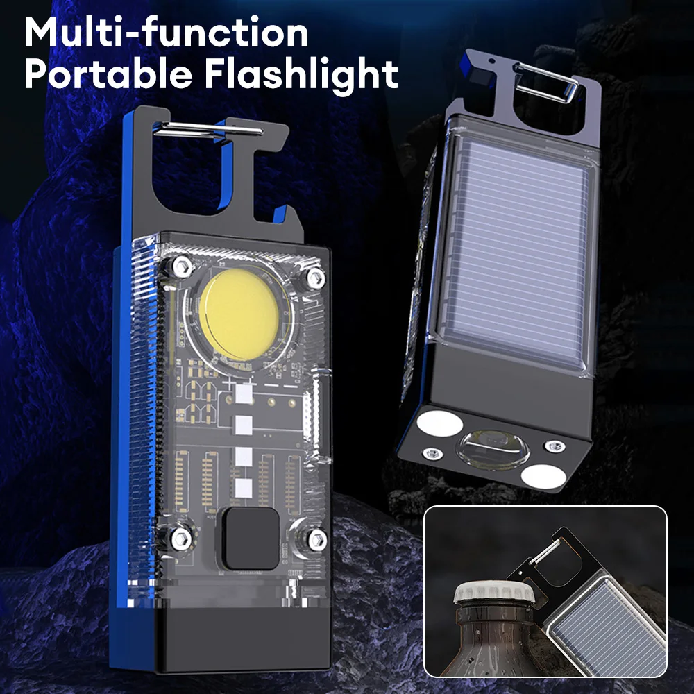 

LED Portable Torches Solar Mini Pocket Keychain Flashlight COB Work Light USB Rechargeable Outdoor Emergency Fishing Camping