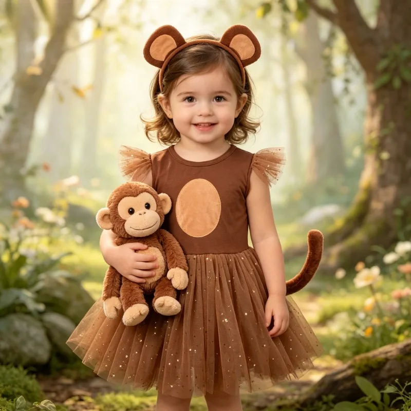 

Cute Monkey-Themed Dress for Toddlers, 3pc Children's Festival Party Outfit, Festival Role-Play and Stage Performance Costume