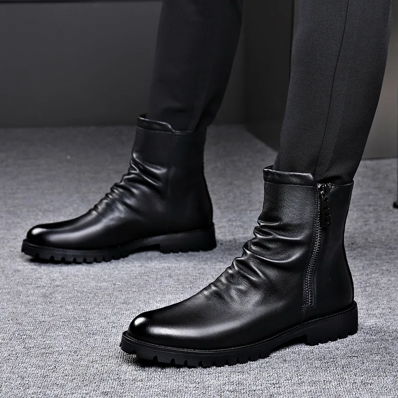 mens fashion chelsea boots black stylish original leather shoes cowboy autumn winter boot handsome high motorcycle botas hombre