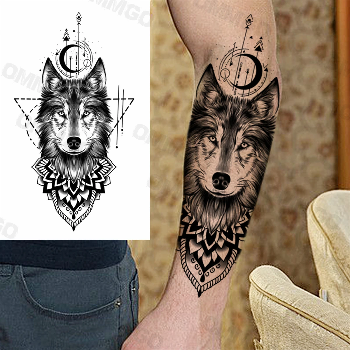 

Black Geometric Wolf Mandala Temporary Tattoos For Men Adult Tiger Lion Skull Moon Fake Tattoo Fashion Half Sleeve Tatoo Sticker