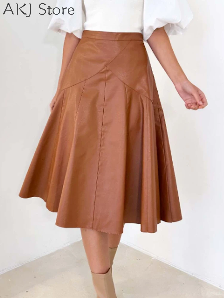 

Pu Leather Midi Pleated Skirt for Women High Waist Women Clothing