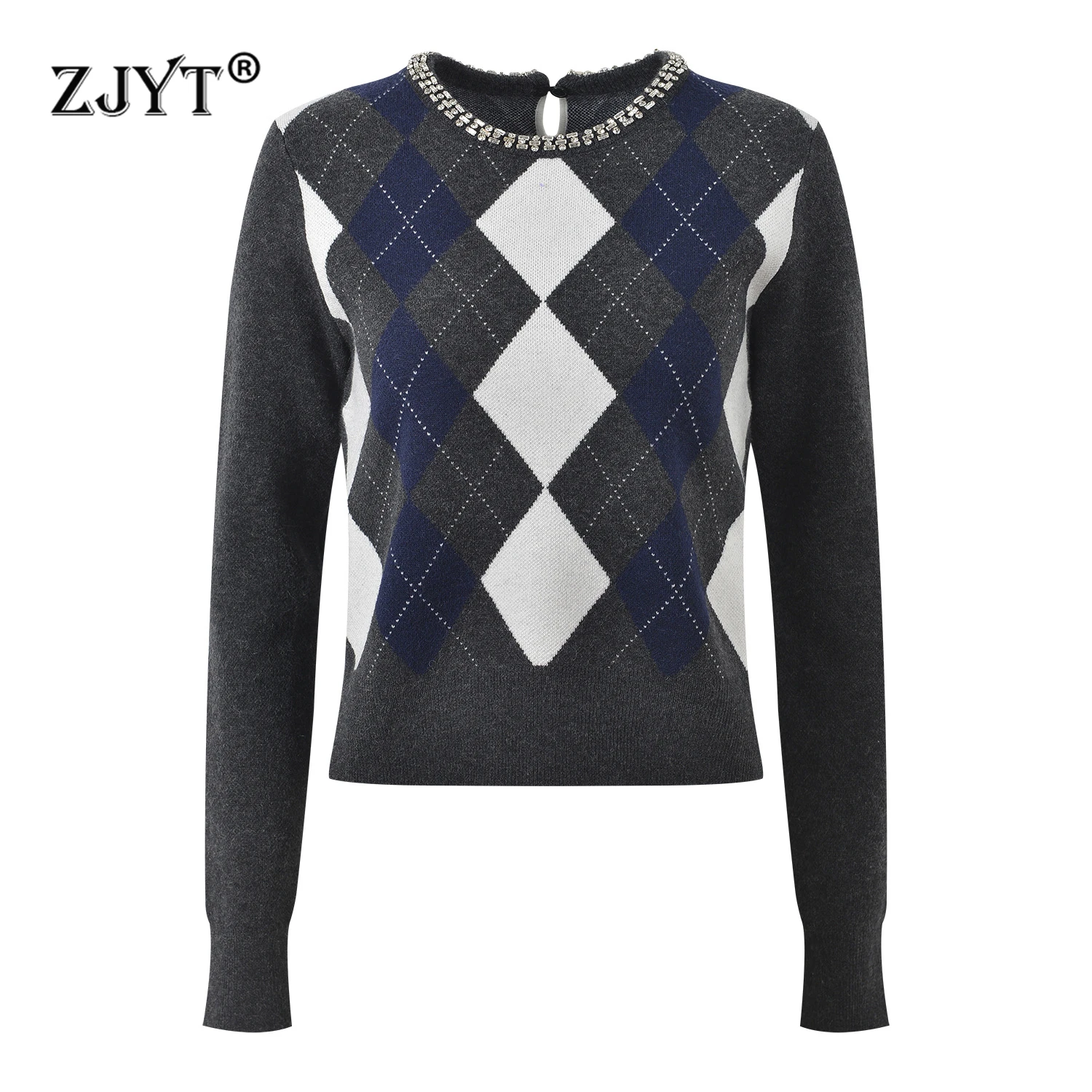 

ZJYT Spring 2026 Fashion Plaid Beading Pullovers Sweaters for Women Elegant Long Sleeve O Neck Knitting Tops Jersey Mujer Casual