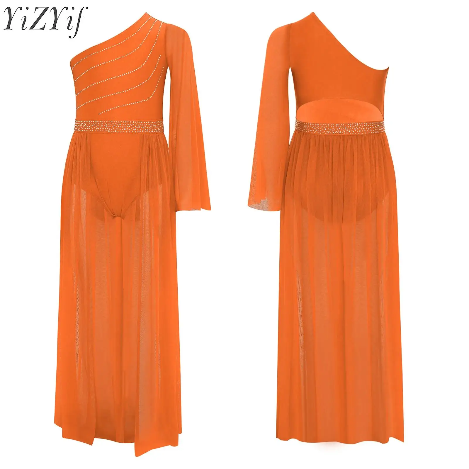 

Kids Girls Lyrical Dance Dress Ballet Modern Contemporary Dancewear One Shoulder Sheer Cutout Back Rhinestones Flowy Split Dress