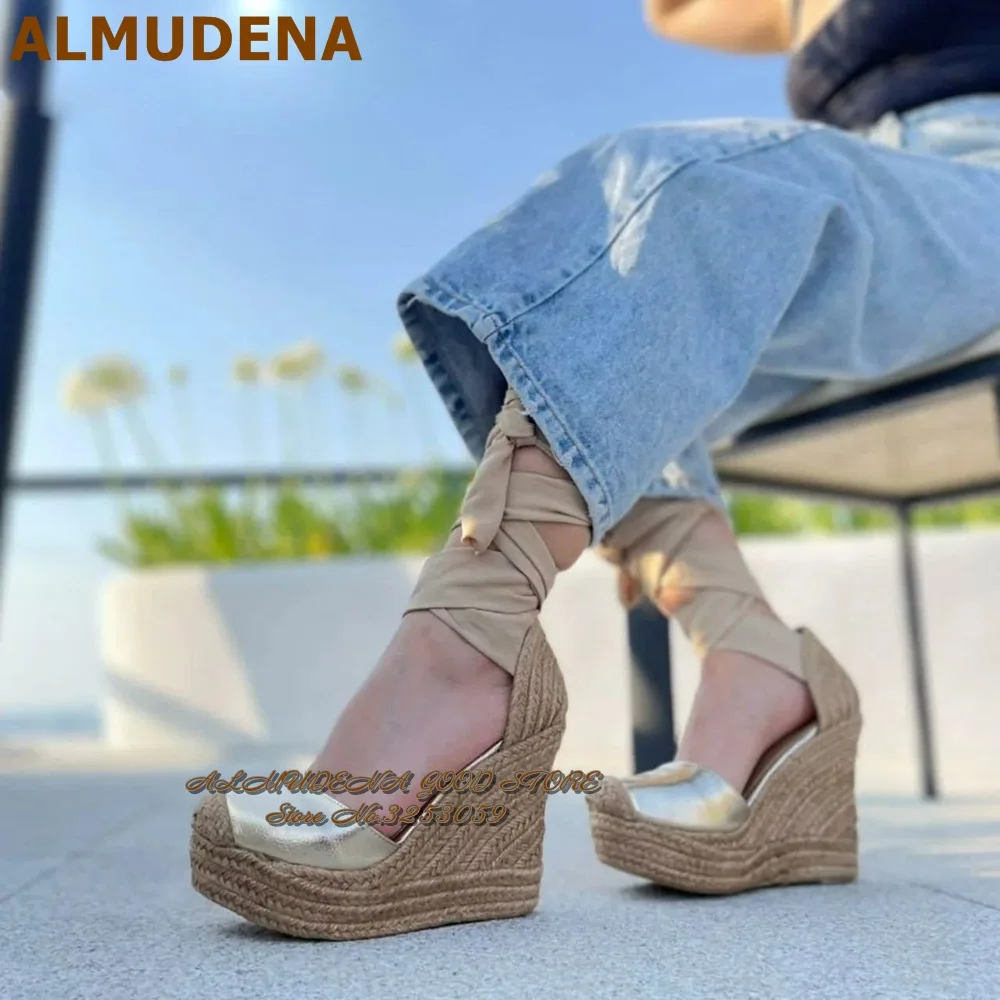 ALMUDENA Metallic Gold Leather Platform Espadrille Wedge Heel Shoes Riband Lace-up Fastening Dress Pumps Braided Patchwork Shoes