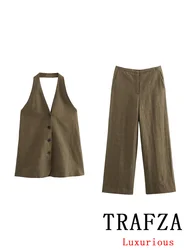 TRAFZA Vintage Casual Chic Solid Women Suit Sleeveless Backless Halter Top Loose Long Pants New Fashion 2024 Autumn Basics Sets